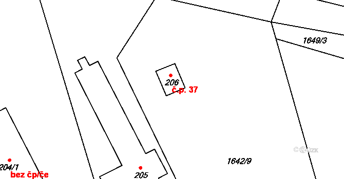 Chlístov 37, Okrouhlice na parcele st. 206 v KÚ Chlístov u Okrouhlice, Katastrální mapa
