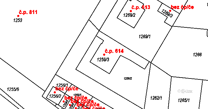 Týniště nad Orlicí 614 na parcele st. 1259/3 v KÚ Týniště nad Orlicí, Katastrální mapa