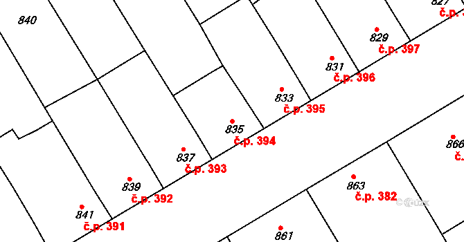 Hrušky 394 na parcele st. 835 v KÚ Hrušky, Katastrální mapa