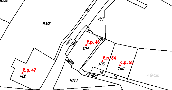 Lískovec 46, Koryčany na parcele st. 104 v KÚ Lískovec, Katastrální mapa