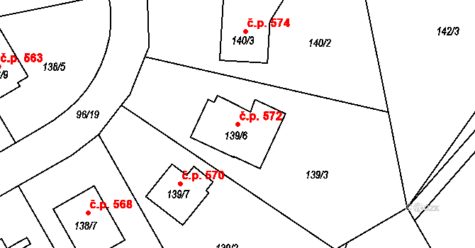 Lyžbice 572, Třinec na parcele st. 139/6 v KÚ Lyžbice, Katastrální mapa