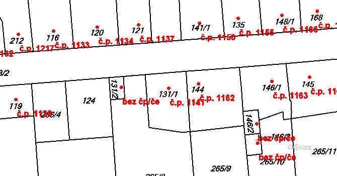 Švermov 1141, Kladno na parcele st. 131/1 v KÚ Hnidousy, Katastrální mapa