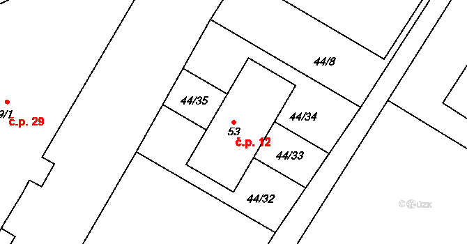 Josefův Důl 12 na parcele st. 53 v KÚ Josefův Důl u Mladé Boleslavi, Katastrální mapa