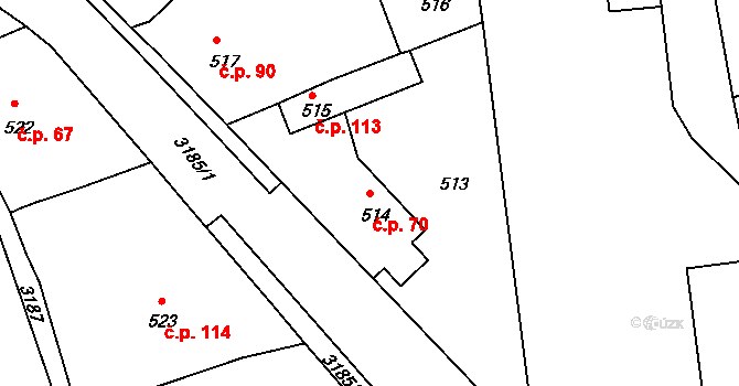 Planá nad Lužnicí 70 na parcele st. 514 v KÚ Planá nad Lužnicí, Katastrální mapa