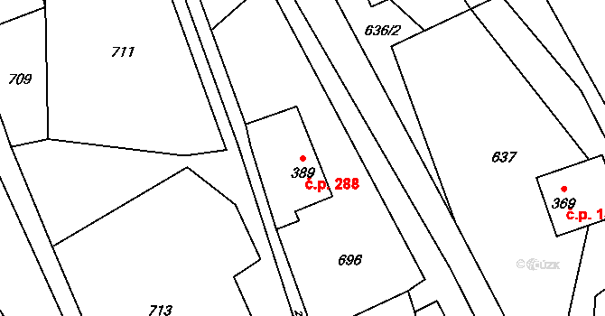 Dolní Újezd 288 na parcele st. 389 v KÚ Dolní Újezd u Litomyšle, Katastrální mapa