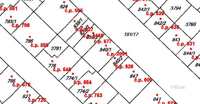 Břeclav 2091 na parcele st. 840/1 v KÚ Břeclav, Katastrální mapa