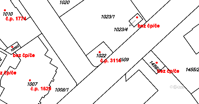 Teplice 3114 na parcele st. 1022 v KÚ Teplice, Katastrální mapa