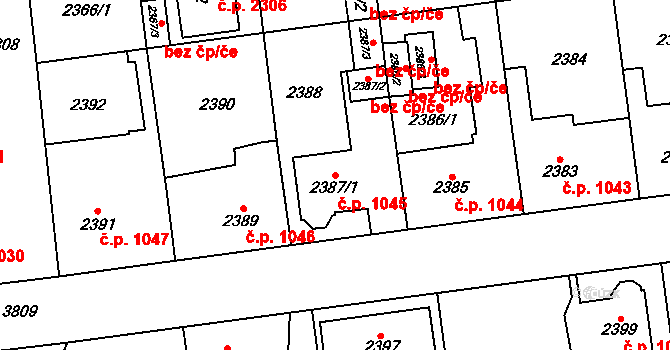 Horní Počernice 1045, Praha na parcele st. 2387/1 v KÚ Horní Počernice, Katastrální mapa