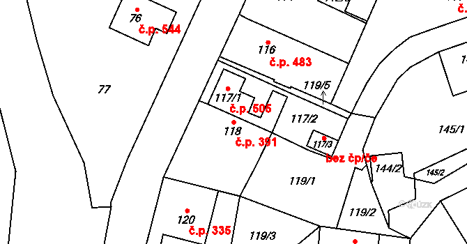 Řeporyje 391, Praha na parcele st. 118 v KÚ Řeporyje, Katastrální mapa