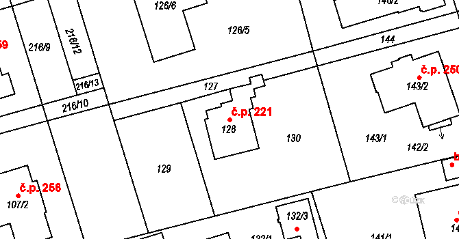 Újezd u Průhonic 221, Praha na parcele st. 128 v KÚ Újezd u Průhonic, Katastrální mapa