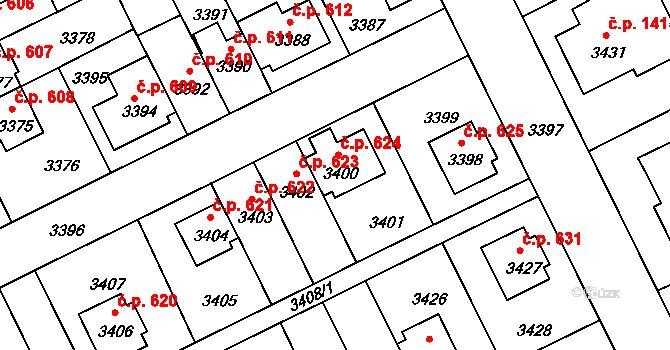 Záběhlice 624, Praha na parcele st. 3400 v KÚ Záběhlice, Katastrální mapa