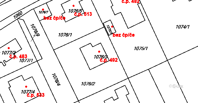 Liberec XI-Růžodol I 492, Liberec na parcele st. 1076/3 v KÚ Růžodol I, Katastrální mapa