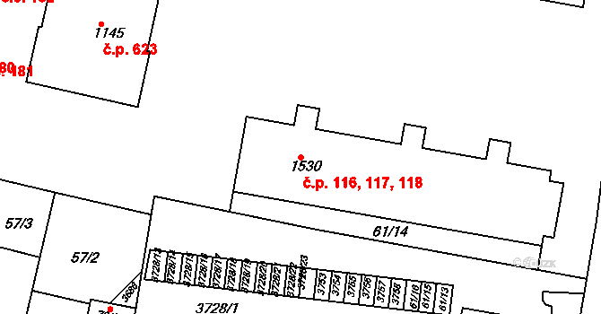 Rosice 116,117,118 na parcele st. 1530 v KÚ Rosice u Brna, Katastrální mapa