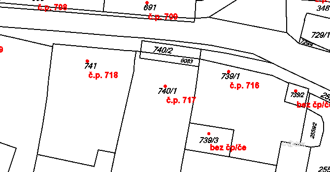 Rosice 717 na parcele st. 740/1 v KÚ Rosice u Brna, Katastrální mapa