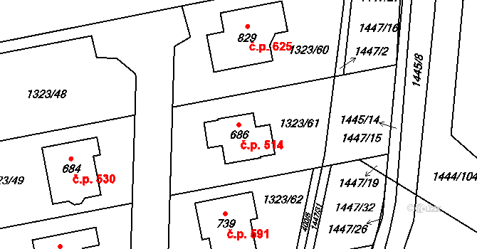 Kostelec 514, Zlín na parcele st. 686 v KÚ Kostelec u Zlína, Katastrální mapa