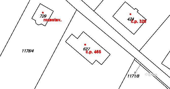 Stařeč 465 na parcele st. 627 v KÚ Stařeč, Katastrální mapa