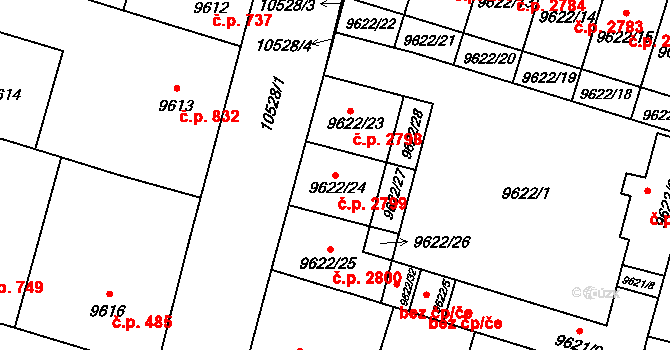 Jižní Předměstí 2799, Plzeň na parcele st. 9622/24 v KÚ Plzeň, Katastrální mapa