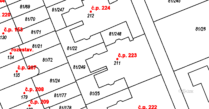 Nupaky 223 na parcele st. 211 v KÚ Nupaky, Katastrální mapa