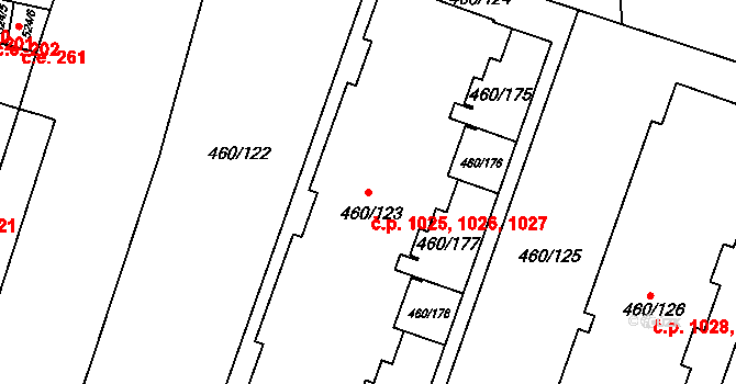 Modřice 1025,1026,1027 na parcele st. 460/123 v KÚ Modřice, Katastrální mapa