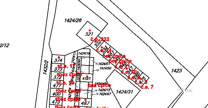 Radostín nad Oslavou 14 na parcele st. 332 v KÚ Radostín nad Oslavou, Katastrální mapa