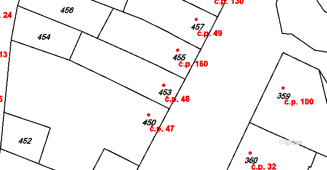 Milešovice 48 na parcele st. 453 v KÚ Milešovice, Katastrální mapa