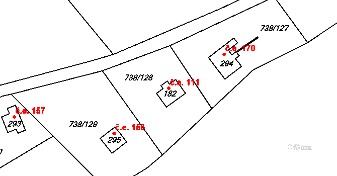 Vlkančice 111 na parcele st. 182 v KÚ Vlkančice, Katastrální mapa