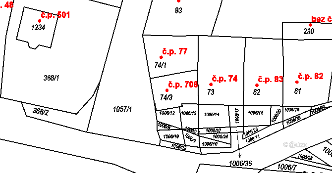 Nučice 72 na parcele st. 74/3 v KÚ Nučice u Rudné, Katastrální mapa