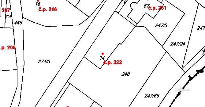 Tuchoměřice 222 na parcele st. 14 v KÚ Kněžívka, Katastrální mapa