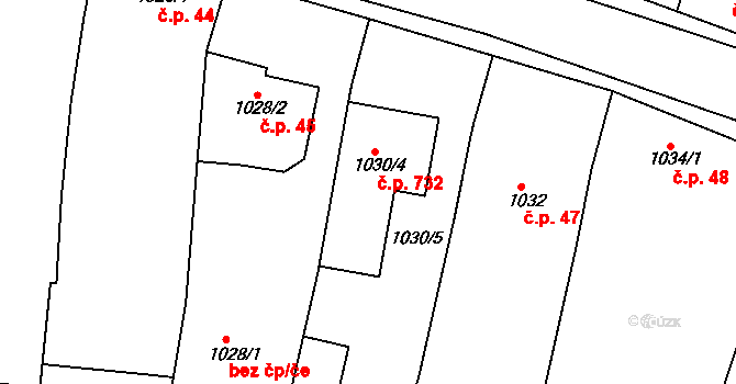 Blučina 732 na parcele st. 1030/4 v KÚ Blučina, Katastrální mapa