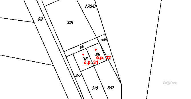Dolní Kamenice 32, Chržín na parcele st. 39 v KÚ Dolní Kamenice u Velvar, Katastrální mapa