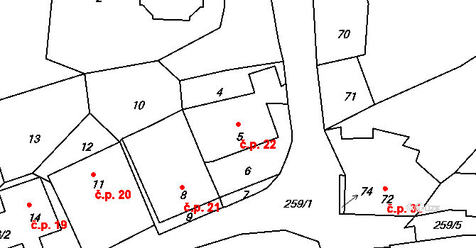 Roztoky 22, Povrly na parcele st. 5 v KÚ Roztoky nad Labem, Katastrální mapa
