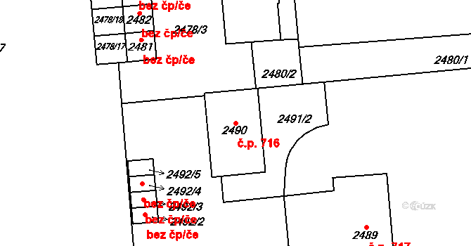 Pohořelice 716 na parcele st. 2490 v KÚ Pohořelice nad Jihlavou, Katastrální mapa