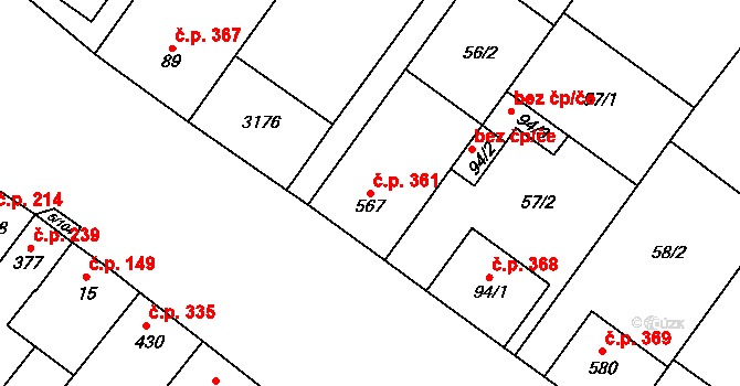 Popice 361 na parcele st. 567 v KÚ Popice, Katastrální mapa