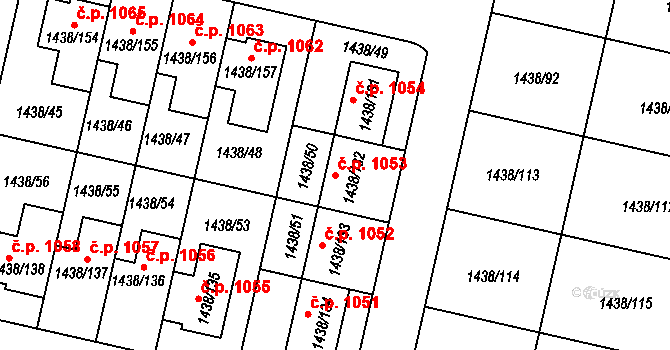 Čakovice 1053, Praha na parcele st. 1438/132 v KÚ Čakovice, Katastrální mapa