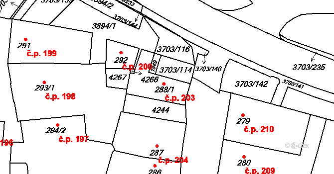 Dobřany 203 na parcele st. 288/1 v KÚ Dobřany, Katastrální mapa