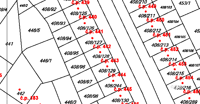 Dobšice 443 na parcele st. 408/128 v KÚ Dobšice u Znojma, Katastrální mapa