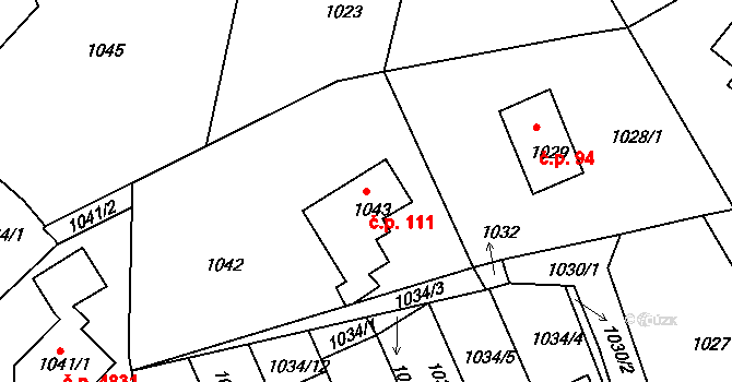 Mšeno nad Nisou 111, Jablonec nad Nisou na parcele st. 1043 v KÚ Mšeno nad Nisou, Katastrální mapa