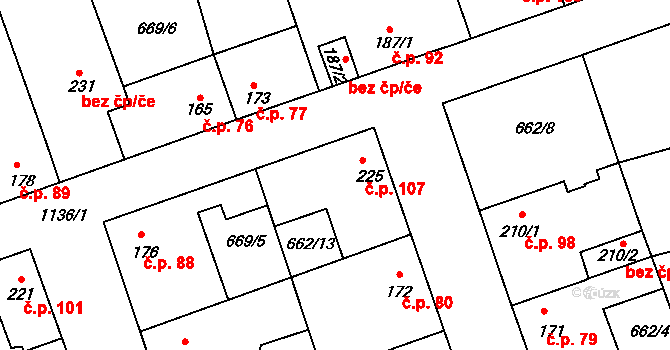 Olšany 107, Brandýsek na parcele st. 225 v KÚ Brandýsek, Katastrální mapa