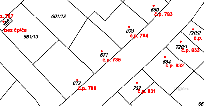 Veselí nad Moravou 785 na parcele st. 671 v KÚ Veselí-Předměstí, Katastrální mapa