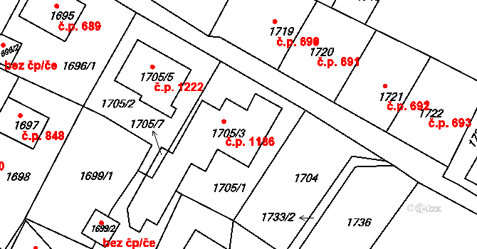 Rýmařov 1186 na parcele st. 1705/3 v KÚ Rýmařov, Katastrální mapa