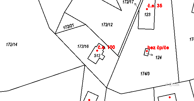Rabyně 100 na parcele st. 512 v KÚ Rabyně, Katastrální mapa