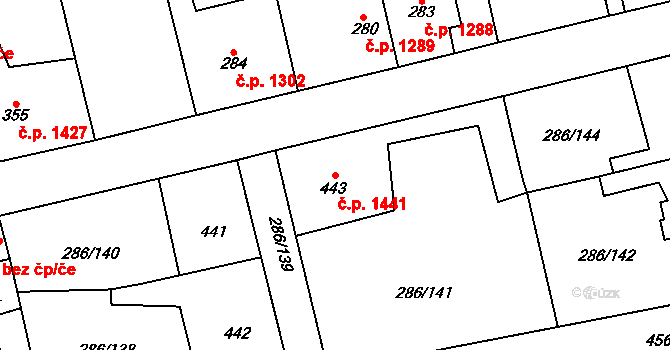 Švermov 1441, Kladno na parcele st. 443 v KÚ Hnidousy, Katastrální mapa