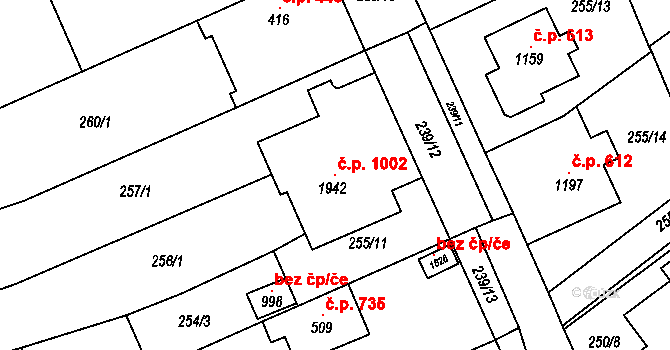 Bílovice nad Svitavou 1002 na parcele st. 1942 v KÚ Bílovice nad Svitavou, Katastrální mapa