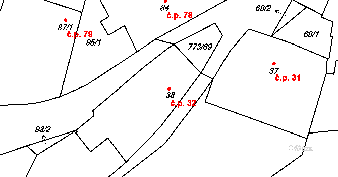 Sendražice 32 na parcele st. 38 v KÚ Sendražice u Smiřic, Katastrální mapa