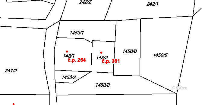 Dolní Podluží 361 na parcele st. 143/2 v KÚ Dolní Podluží, Katastrální mapa