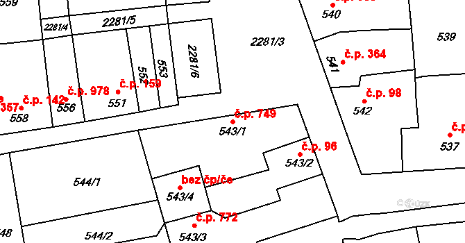 Velká Bystřice 749 na parcele st. 543/1 v KÚ Velká Bystřice, Katastrální mapa
