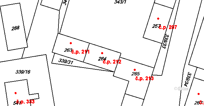 Milín 212 na parcele st. 264 v KÚ Milín, Katastrální mapa