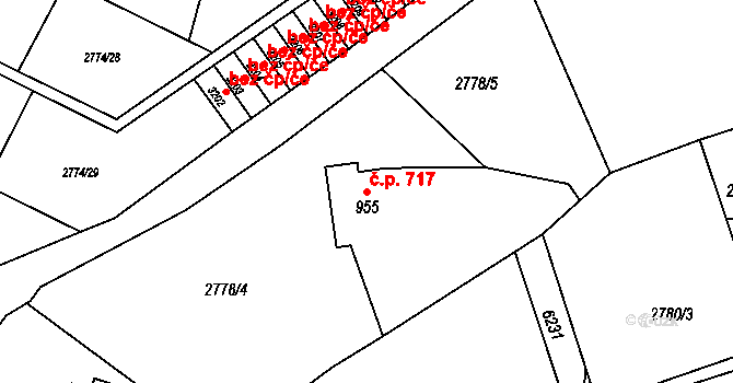 Rožnov pod Radhoštěm 717 na parcele st. 955 v KÚ Rožnov pod Radhoštěm, Katastrální mapa