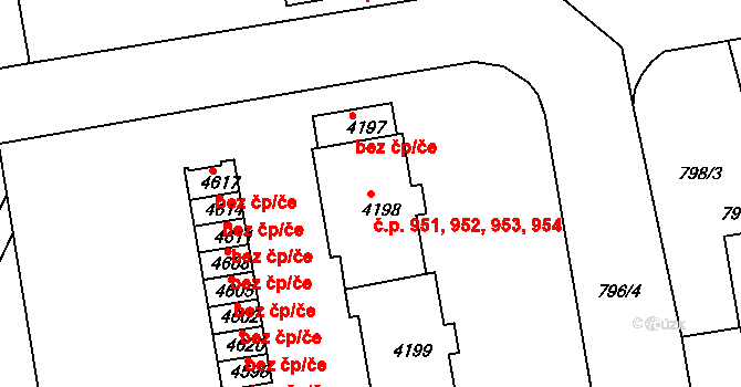 Plzeňské Předměstí 951,952,953,954, Rokycany na parcele st. 4198 v KÚ Rokycany, Katastrální mapa