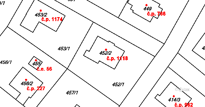 Kunratice 1118, Praha na parcele st. 452/2 v KÚ Kunratice, Katastrální mapa